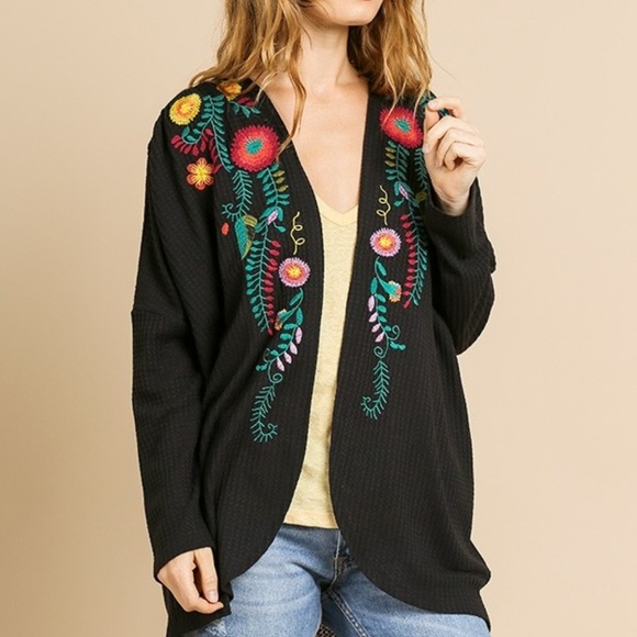 Umgee Sweaters - Umgee Boho Floral Embroidered Open Front Cardigan